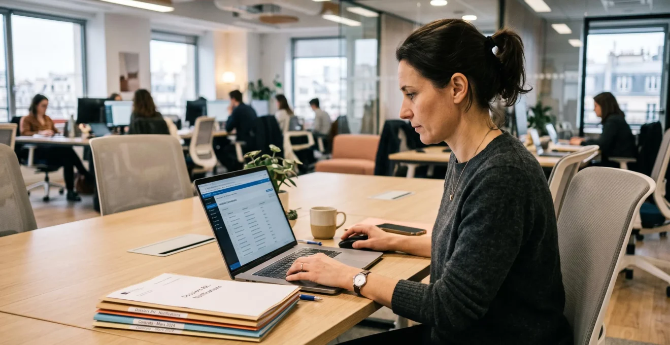 Une responsable administrative dans un bureau moderne, préparant l'envoi groupé de notifications contractuelles via un service d'envoi recommandé électronique