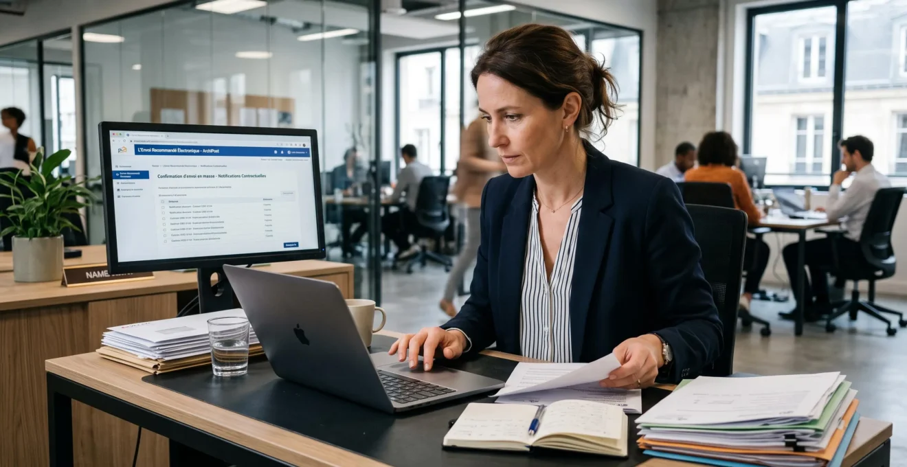 Une gestionnaire de copropriété debout dans son bureau, finalisant l'envoi de convocations d'assemblée générale via un service d'envoi recommandé électronique, avec des dossiers et plans d'immeubles visibles dans son espace de travail